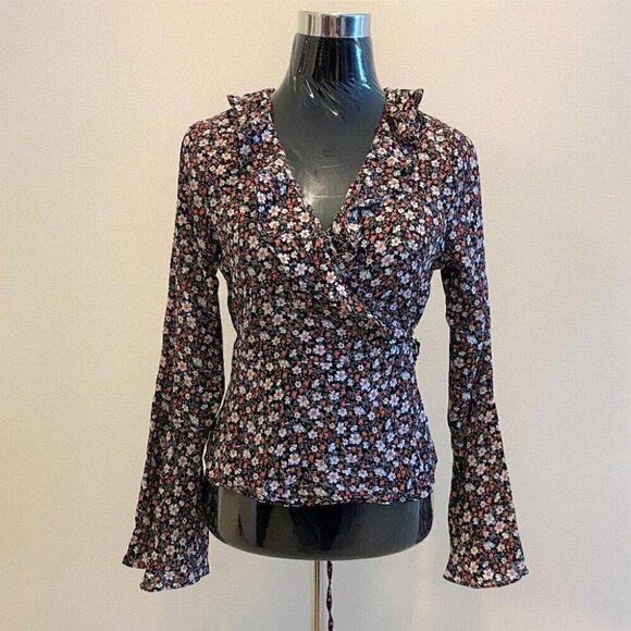 Whimsigoth Wrap Blouse Small Ruffle Bell Sleeve Moody Floral - Picture 3 of 13
